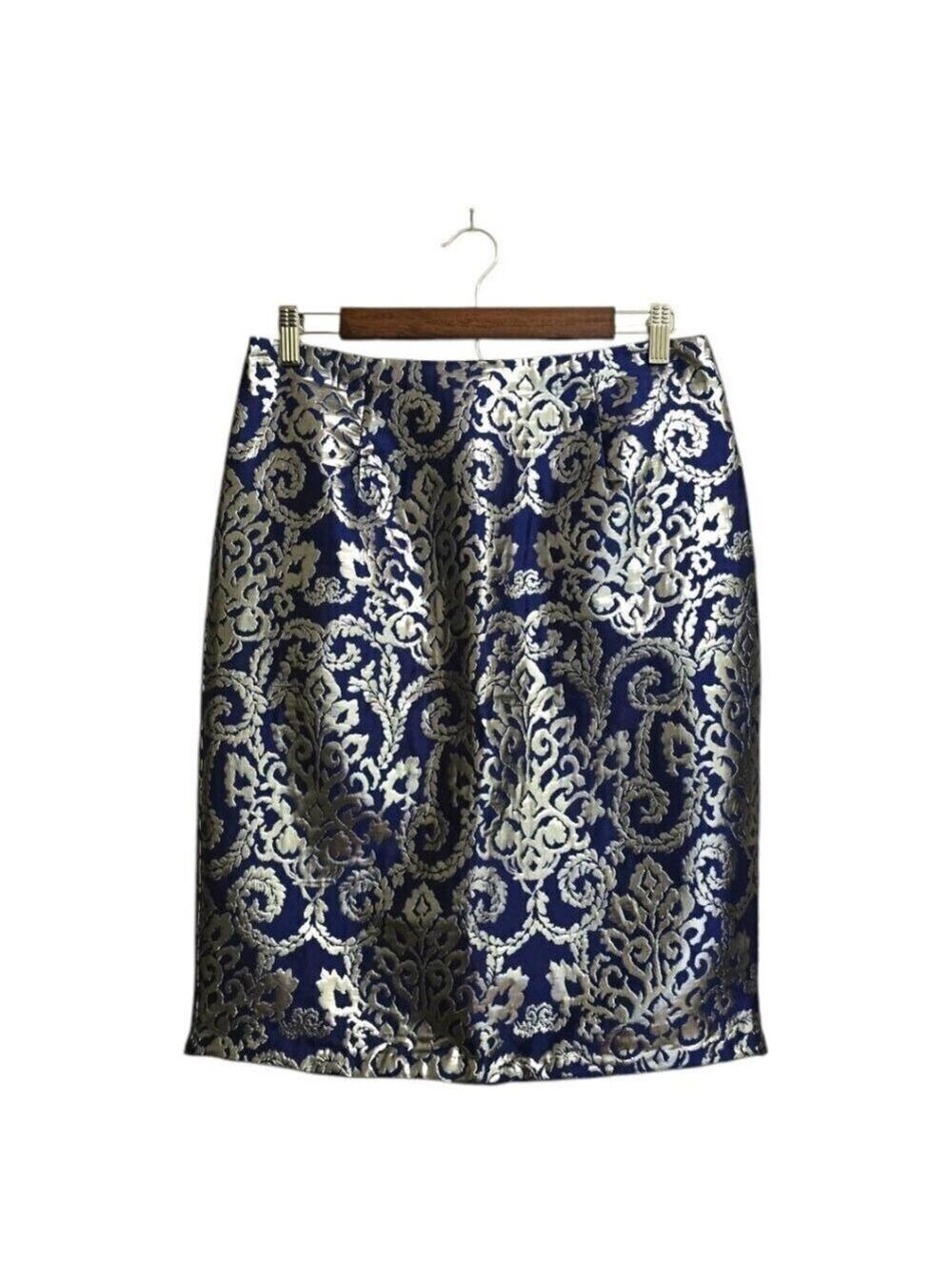 Sunny Leigh Cobalt & Silver Metallic Jacquard Pencil Skirt Sz 6